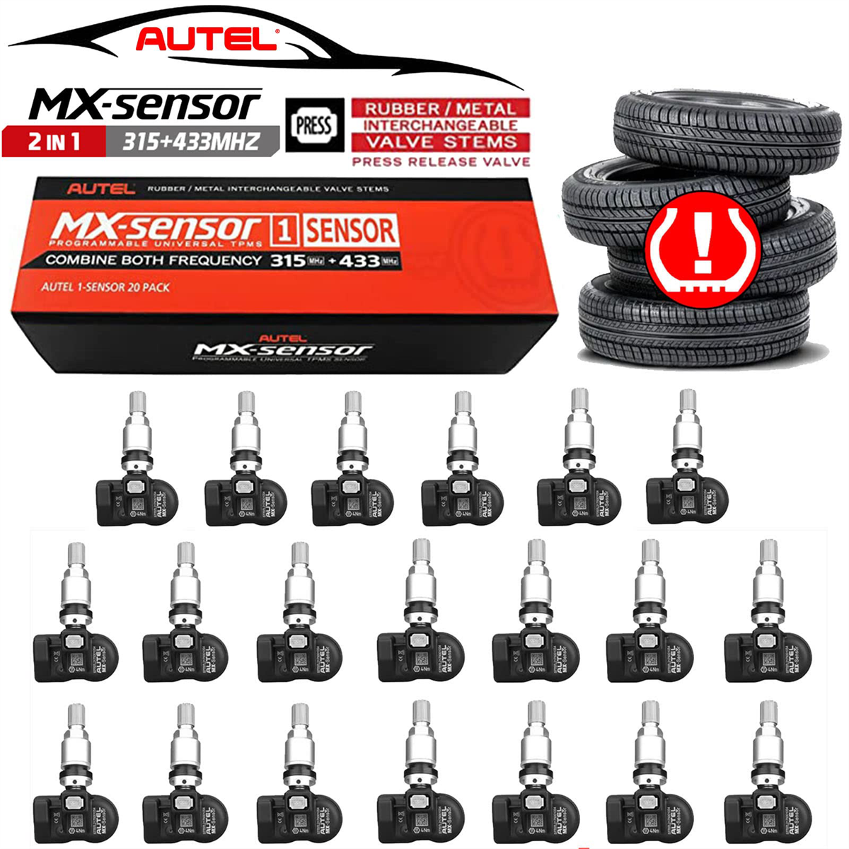 Autel 1-Sensor - Bulk of (20) Individually Bagged with Metal Press-in Valve